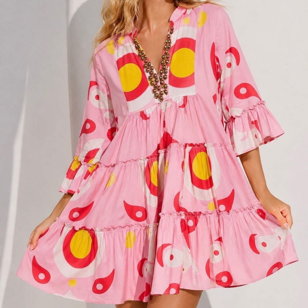 Sheridan French Cary Dress S Retro Mod Boho Mini Dress Pink Bell Sleeve Resort